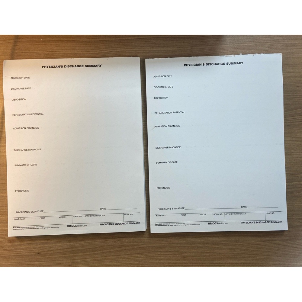 Lot Of 2 Vintage Briggs Physician's‎ Discharge Summary Medical Record Form 3225